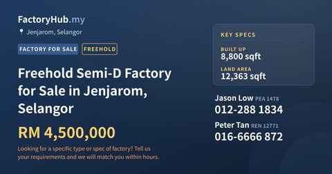 Factory For Sale - Freehold Semi-D Factory for Sale in Jenjarom, Selangor - Jenjarom, Selangor