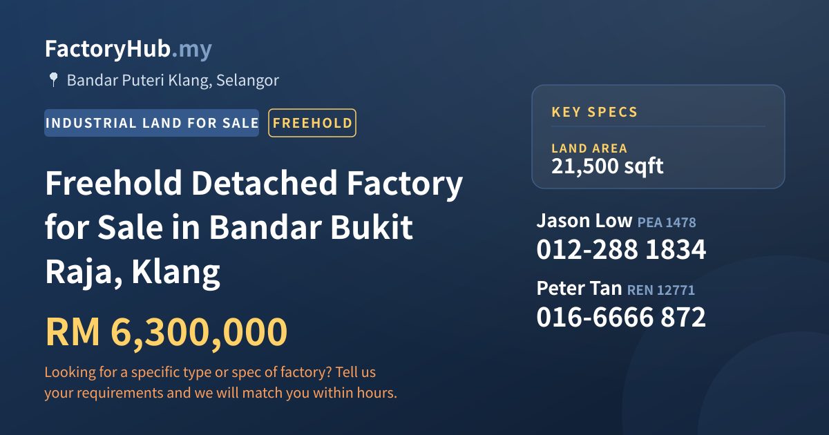 Land For Sale - Freehold Detached Factory for Sale in Bandar Bukit Raja, Klang - Bandar Puteri Klang, Selangor