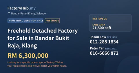 Land For Sale - Freehold Detached Factory for Sale in Bandar Bukit Raja, Klang - Bandar Puteri Klang, Selangor