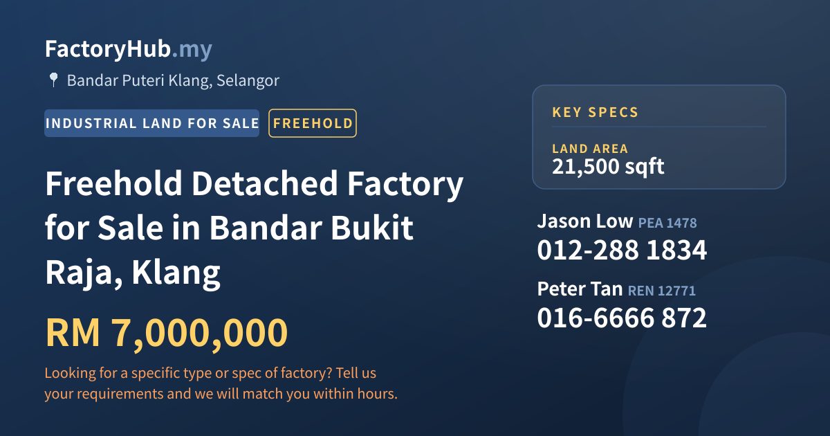 Land For Sale - Freehold Detached Factory for Sale in Bandar Bukit Raja, Klang - Bandar Puteri Klang, Selangor