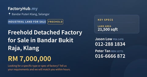 Land For Sale - Freehold Detached Factory for Sale in Bandar Bukit Raja, Klang - Bandar Puteri Klang, Selangor