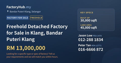 Factory For Sale - Freehold Detached Factory for Sale in Klang, Bandar Puteri Klang - Bandar Puteri Klang, Selangor