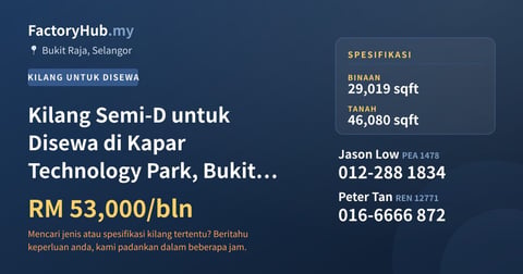 Kilang Untuk Disewa - Kilang Semi-D untuk Disewa di Kapar Technology Park, Bukit Raja - Bukit Raja, Selangor