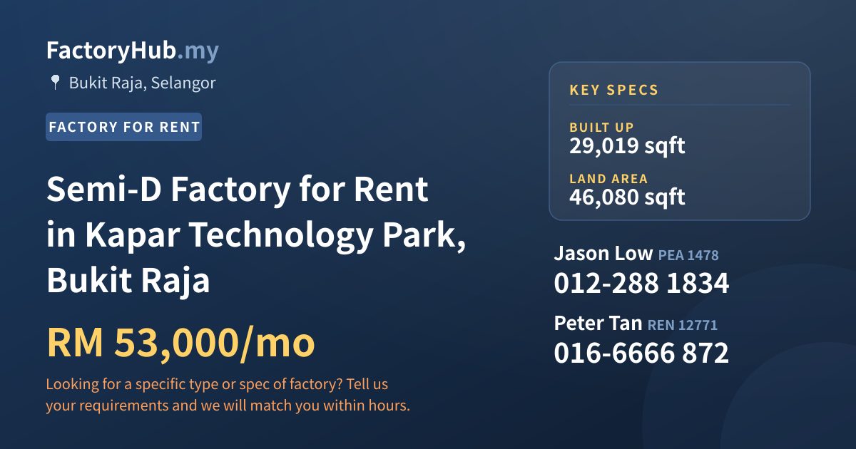 Factory For Rent - Semi-D Factory for Rent in Kapar Technology Park, Bukit Raja - Bukit Raja, Selangor