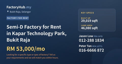Factory For Rent - Semi-D Factory for Rent in Kapar Technology Park, Bukit Raja - Bukit Raja, Selangor