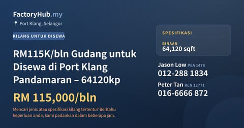 Kilang Untuk Disewa - RM115K/bln Gudang untuk Disewa di Port Klang Pandamaran – 64120kp - Port Klang, Selangor