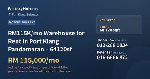 Factory For Rent - RM115K/mo Warehouse for Rent in Port Klang Pandamaran – 64120sf - Port Klang, Selangor