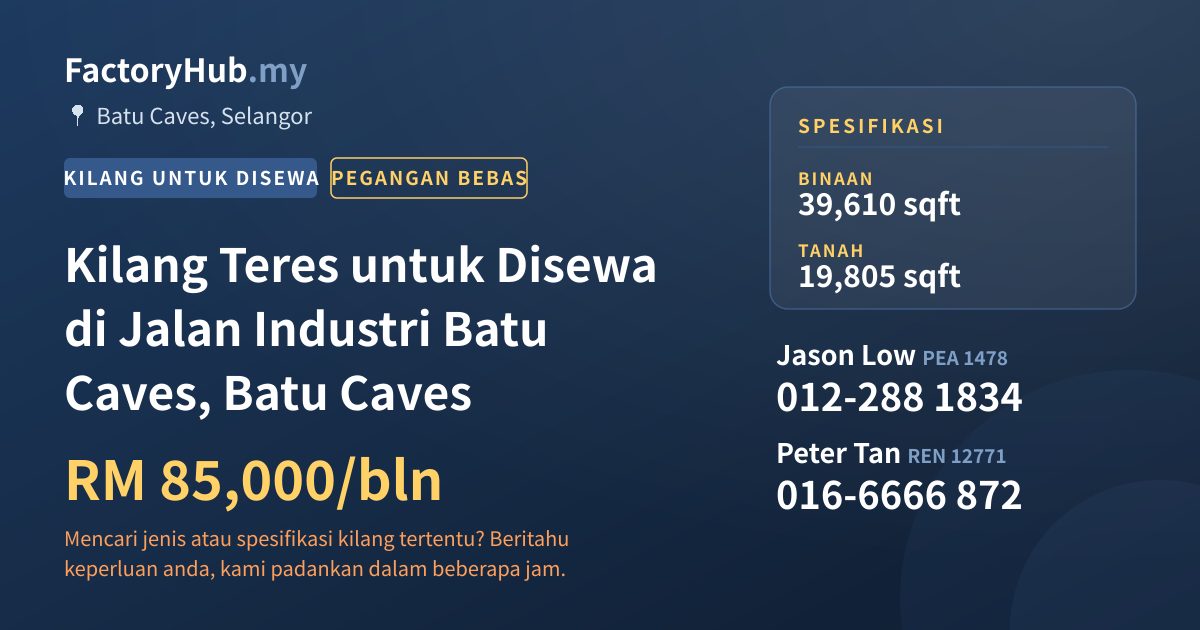 Kilang Untuk Disewa - Kilang Teres untuk Disewa di Jalan Industri Batu Caves, Batu Caves - Batu Caves, Selangor