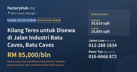 Kilang Untuk Disewa - Kilang Teres untuk Disewa di Jalan Industri Batu Caves, Batu Caves - Batu Caves, Selangor