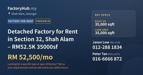 Factory For Rent - Detached Factory for Rent in Section 32, Shah Alam – RM52.5K 35000sf - Shah Alam, Selangor