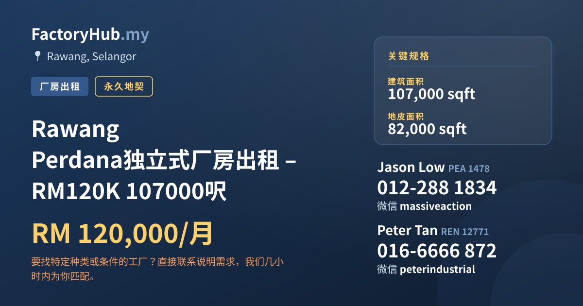 工厂 出租 - Rawang Perdana独立式厂房出租 – RM120K 107000呎 - Rawang, Selangor