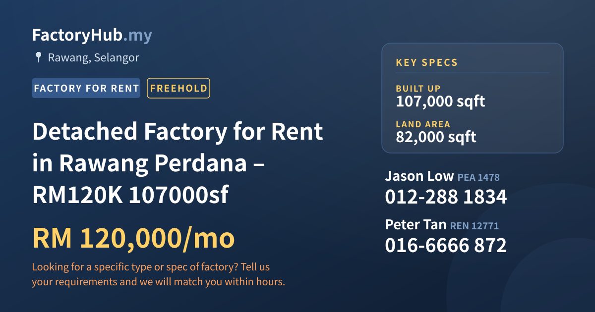 Factory For Rent - Detached Factory for Rent in Rawang Perdana – RM120K 107000sf - Rawang, Selangor