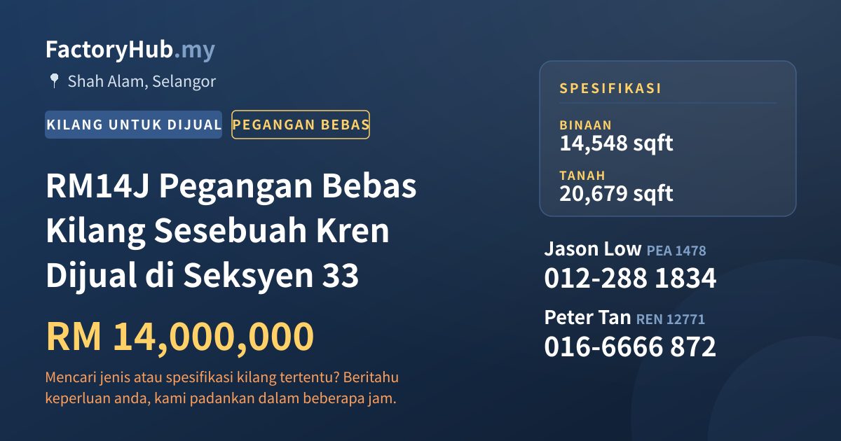 Kilang Untuk Dijual - RM14J Pegangan Bebas Kilang Sesebuah Kren Dijual di Seksyen 33 - Shah Alam, Selangor