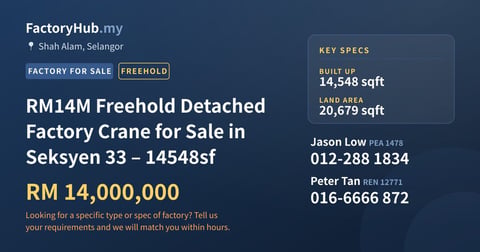 Factory For Sale - RM14M Freehold Detached Factory Crane for Sale in Seksyen 33 – 14548sf - Shah Alam, Selangor