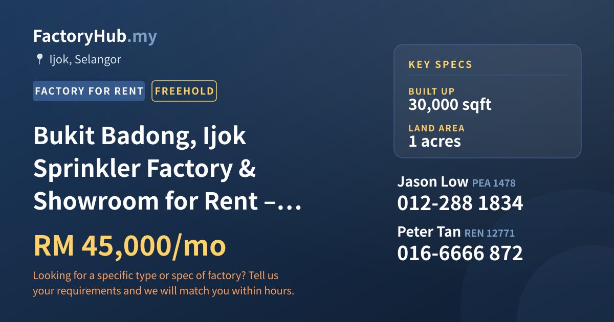 Factory For Rent - Bukit Badong, Ijok Sprinkler Factory & Showroom for Rent – 30000sf - Ijok, Selangor