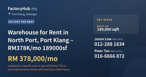 Factory For Rent - Warehouse for Rent in North Port, Port Klang – RM378K/mo 189000sf - Port Klang, Selangor