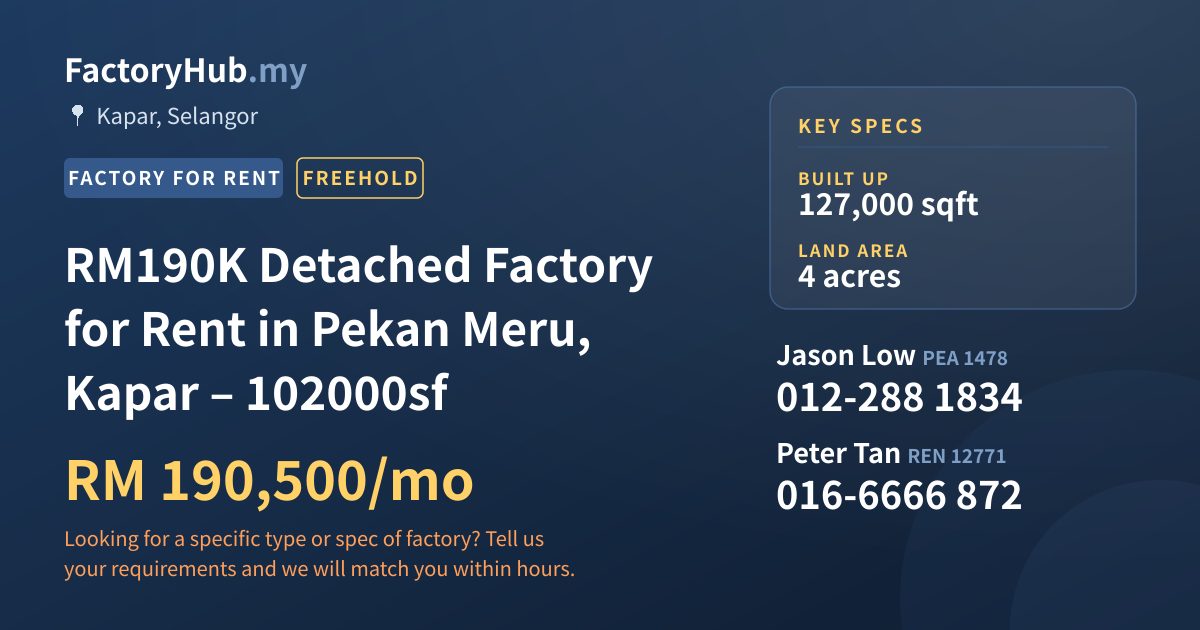 Factory For Rent - RM190K Detached Factory for Rent in Pekan Meru, Kapar – 102000sf - Kapar, Selangor