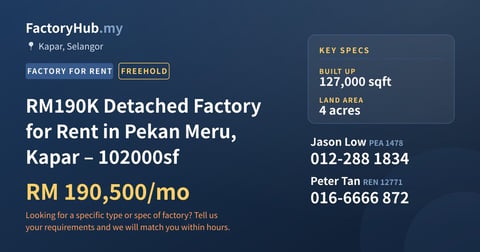 Factory For Rent - RM190K Detached Factory for Rent in Pekan Meru, Kapar – 102000sf - Kapar, Selangor