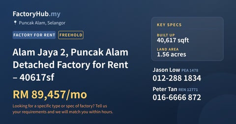Factory For Rent - Alam Jaya 2, Puncak Alam Detached Factory for Rent – 40617sf - Puncak Alam, Selangor