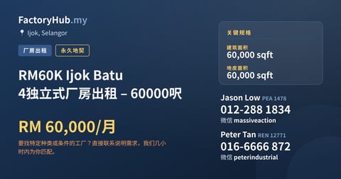 工厂 出租 - RM60K Ijok Batu 4独立式厂房出租 – 60000呎 - Ijok, Selangor