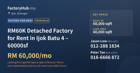 Factory For Rent - RM60K Detached Factory for Rent in Ijok Batu 4 – 60000sf - Ijok, Selangor