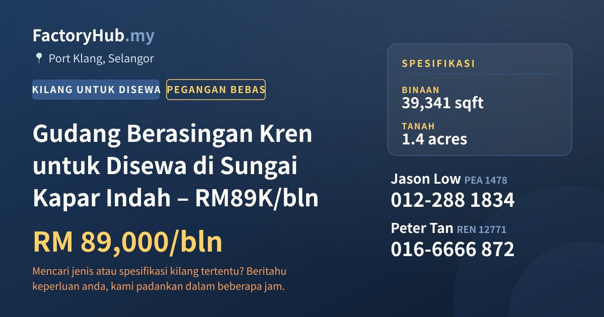 Kilang Untuk Disewa - Gudang Berasingan Kren untuk Disewa di Sungai Kapar Indah – RM89K/bln - Port Klang, Selangor