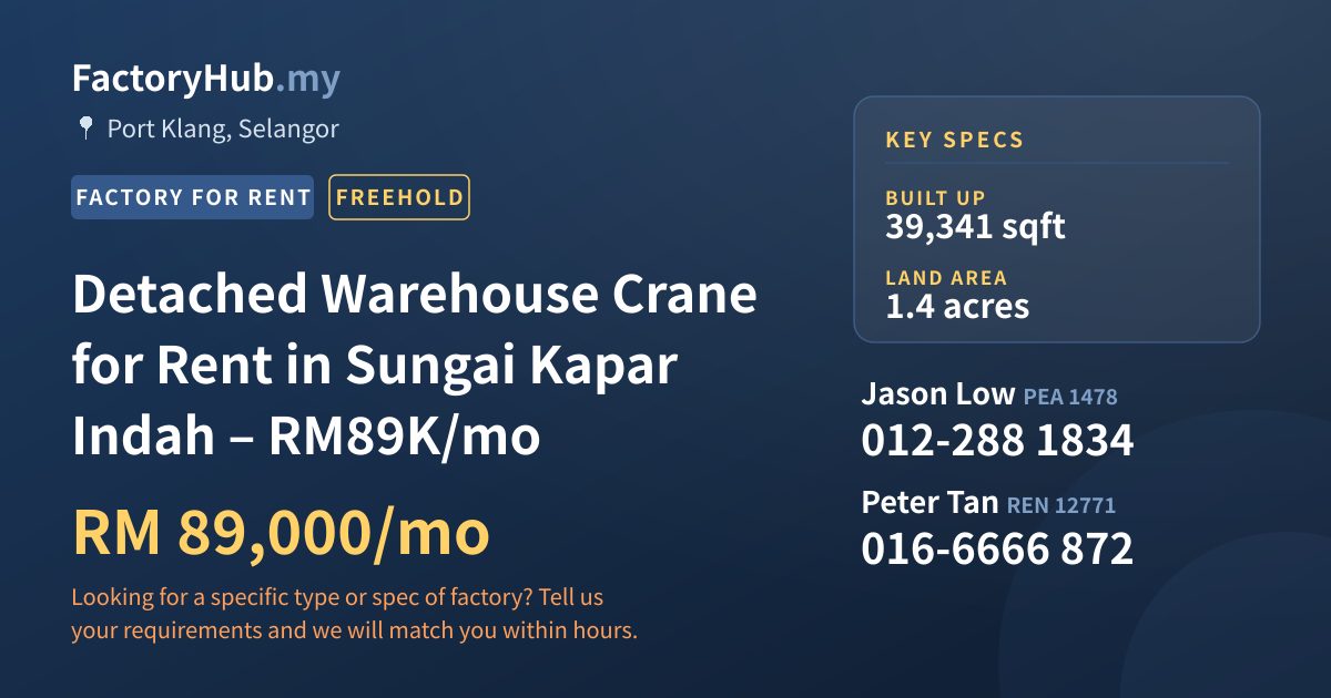 Factory For Rent - Detached Warehouse Crane for Rent in Sungai Kapar Indah – RM89K/mo - Port Klang, Selangor