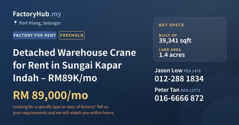 Factory For Rent - Detached Warehouse Crane for Rent in Sungai Kapar Indah – RM89K/mo - Port Klang, Selangor