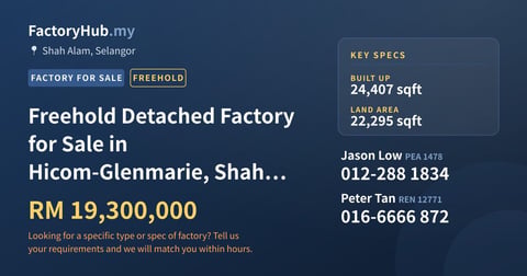 Factory For Sale - Freehold Detached Factory for Sale in Hicom-Glenmarie, Shah Alam - Shah Alam, Selangor