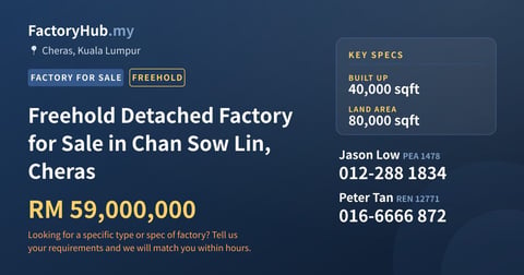 Factory For Sale - Freehold Detached Factory for Sale in Chan Sow Lin, Cheras - Cheras, Kuala Lumpur