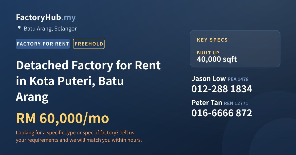 Factory For Rent - Detached Factory for Rent in Kota Puteri, Batu Arang - Batu Arang, Selangor