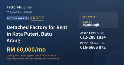 Factory For Rent - Detached Factory for Rent in Kota Puteri, Batu Arang - Batu Arang, Selangor