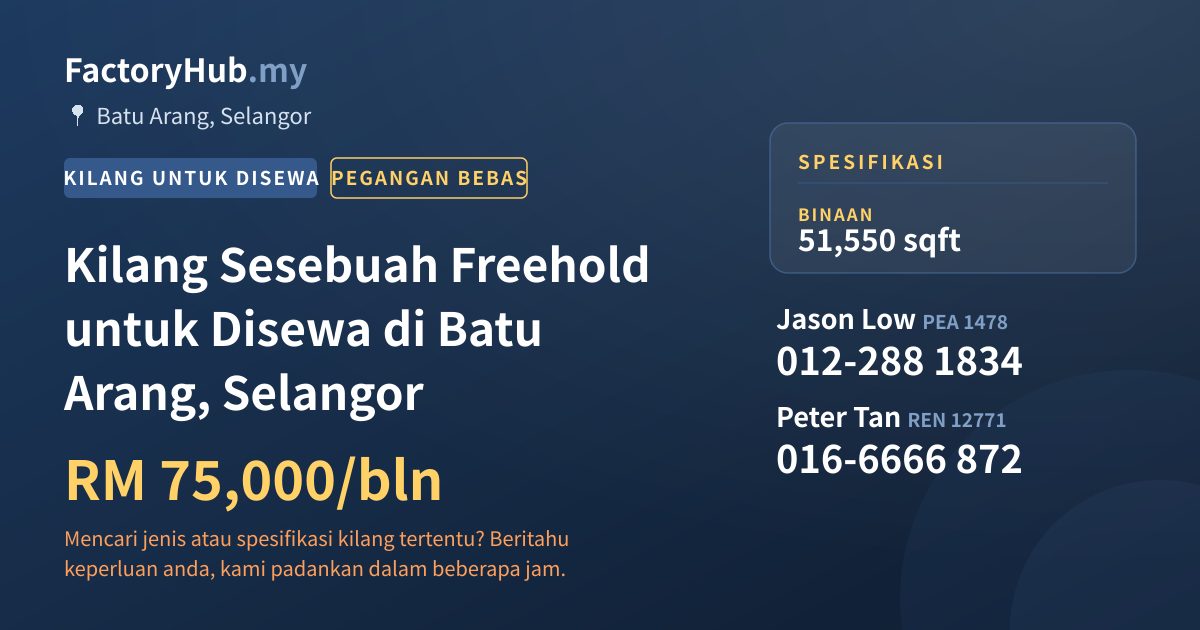 Kilang Untuk Disewa - Kilang Sesebuah Freehold untuk Disewa di Batu Arang, Selangor - Batu Arang, Selangor