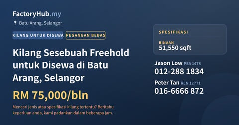 Kilang Untuk Disewa - Kilang Sesebuah Freehold untuk Disewa di Batu Arang, Selangor - Batu Arang, Selangor