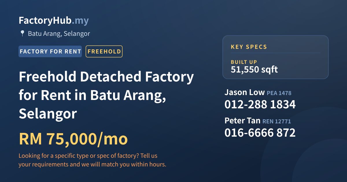 Factory For Rent - Freehold Detached Factory for Rent in Batu Arang, Selangor - Batu Arang, Selangor