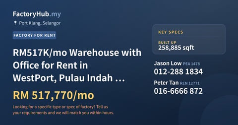 Factory For Rent - RM517K/mo Warehouse with Office for Rent in WestPort, Pulau Indah – 258885sf - Port Klang, Selangor