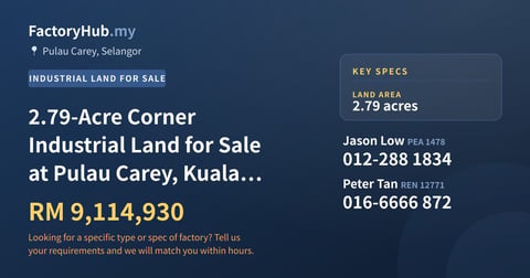 Land For Sale - 2.79-Acre Corner Industrial Land for Sale at Pulau Carey, Kuala Langat (Plot 1) - Pulau Carey, Selangor