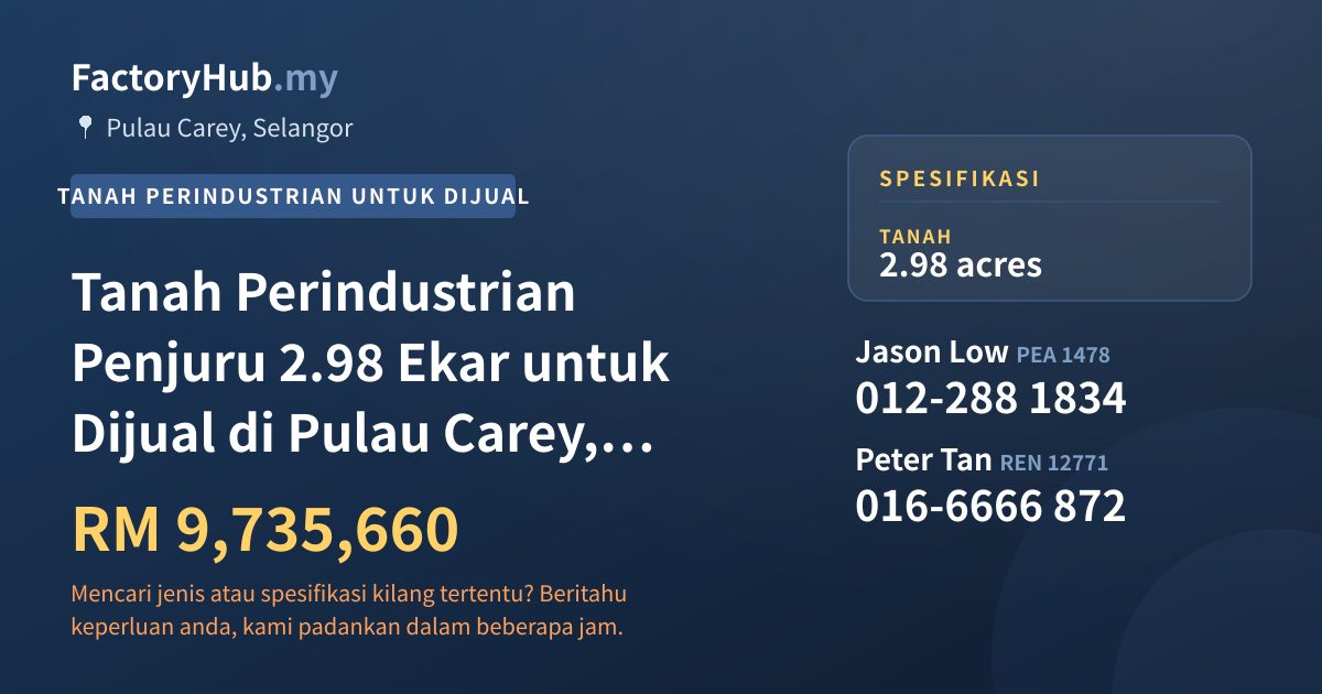 Tanah Untuk Dijual - Tanah Perindustrian Penjuru 2.98 Ekar untuk Dijual di Pulau Carey, Kuala Langat (Plot 19) - Pulau Carey, Selangor