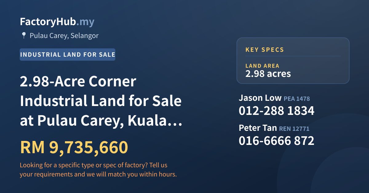 Land For Sale - 2.98-Acre Corner Industrial Land for Sale at Pulau Carey, Kuala Langat (Plot 19) - Pulau Carey, Selangor