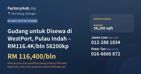 Kilang Untuk Disewa - Gudang untuk Disewa di WestPort, Pulau Indah – RM116.4K/bln 58200kp - Port Klang, Selangor