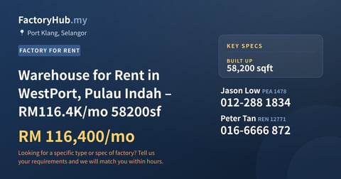 Factory For Rent - Warehouse for Rent in WestPort, Pulau Indah – RM116.4K/mo 58200sf - Port Klang, Selangor