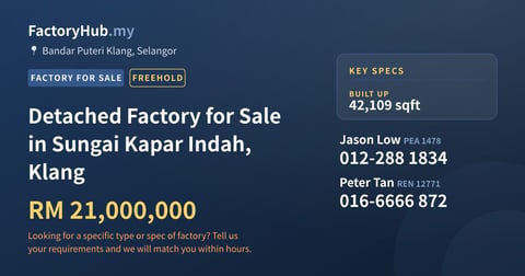 Factory For Sale - Detached Factory for Sale in Sungai Kapar Indah, Klang - Bandar Puteri Klang, Selangor