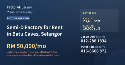 Factory For Rent - Semi-D Factory for Rent in Batu Caves, Selangor - Batu Caves, Selangor