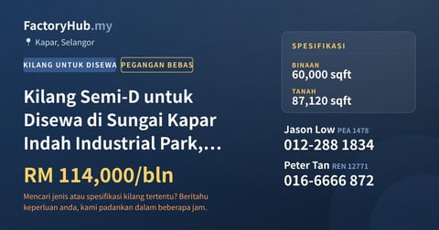 Kilang Untuk Disewa - Kilang Semi-D untuk Disewa di Sungai Kapar Indah Industrial Park, Kapar - Kapar, Selangor