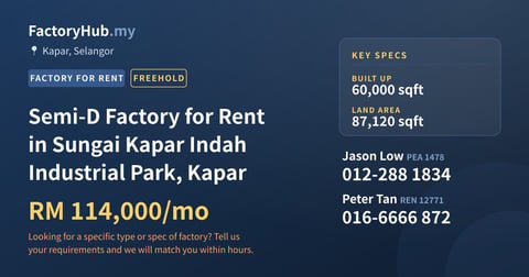 Factory For Rent - Semi-D Factory for Rent in Sungai Kapar Indah Industrial Park, Kapar - Kapar, Selangor