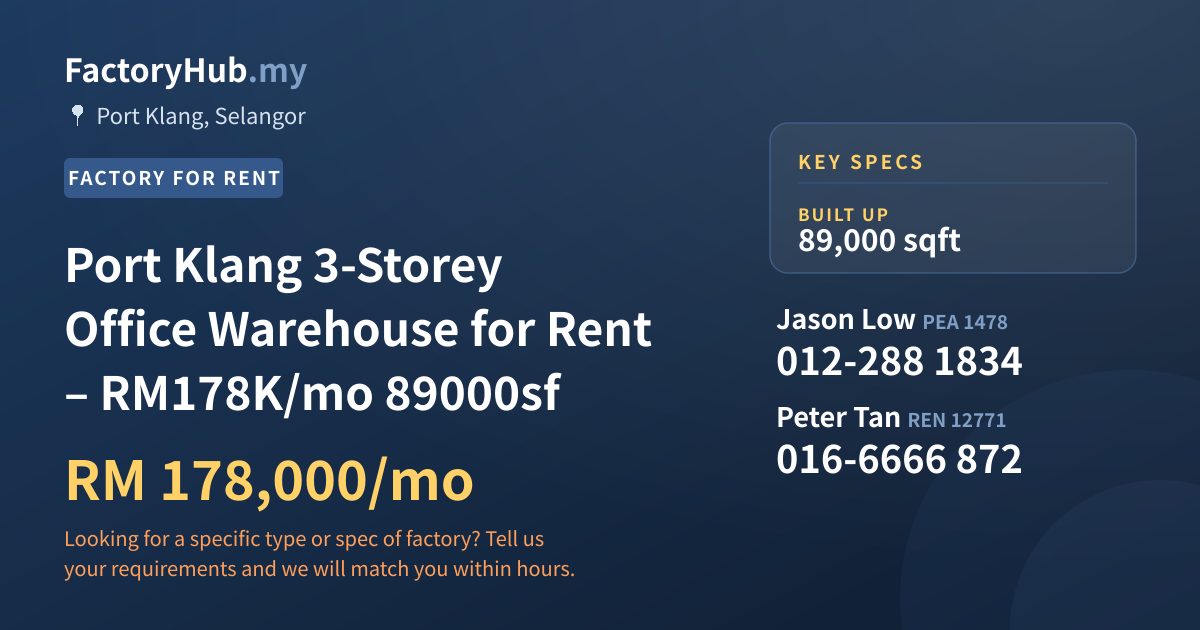 Factory For Rent - Port Klang 3-Storey Office Warehouse for Rent – RM178K/mo 89000sf - Port Klang, Selangor