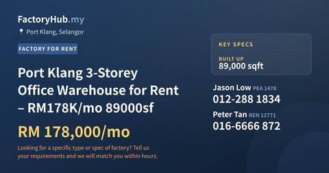 Factory For Rent - Port Klang 3-Storey Office Warehouse for Rent – RM178K/mo 89000sf - Port Klang, Selangor