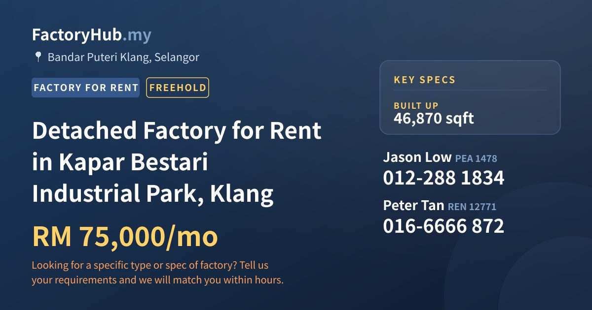 Factory For Rent - Detached Factory for Rent in Kapar Bestari Industrial Park, Klang - Bandar Puteri Klang, Selangor
