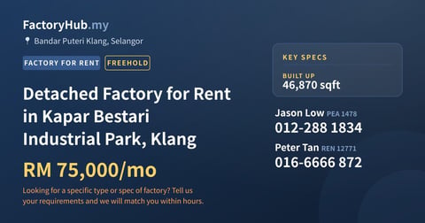 Factory For Rent - Detached Factory for Rent in Kapar Bestari Industrial Park, Klang - Bandar Puteri Klang, Selangor
