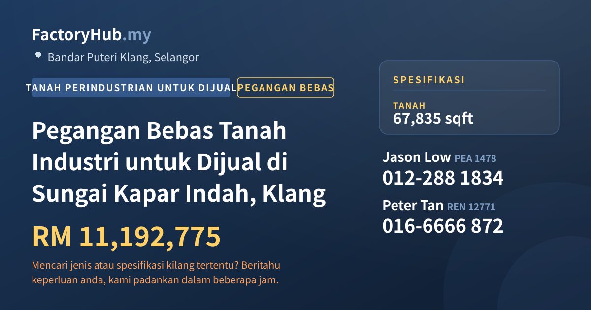 Tanah Untuk Dijual - Pegangan Bebas Tanah Industri untuk Dijual di Sungai Kapar Indah, Klang - Bandar Puteri Klang, Selangor